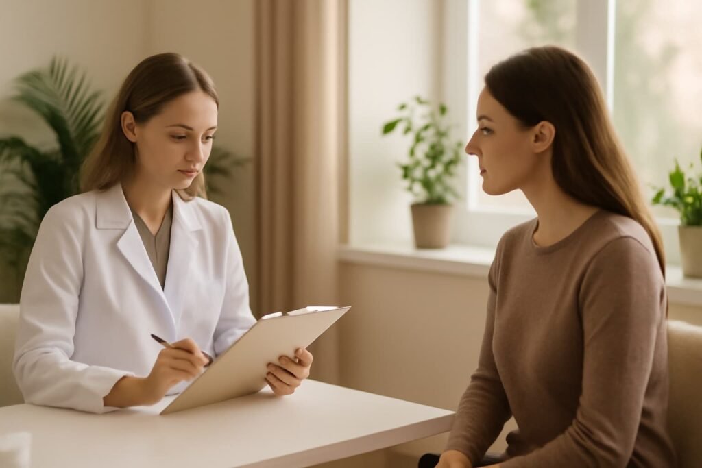 Dermatologist consult scene for personalized advice on bikini-area creams