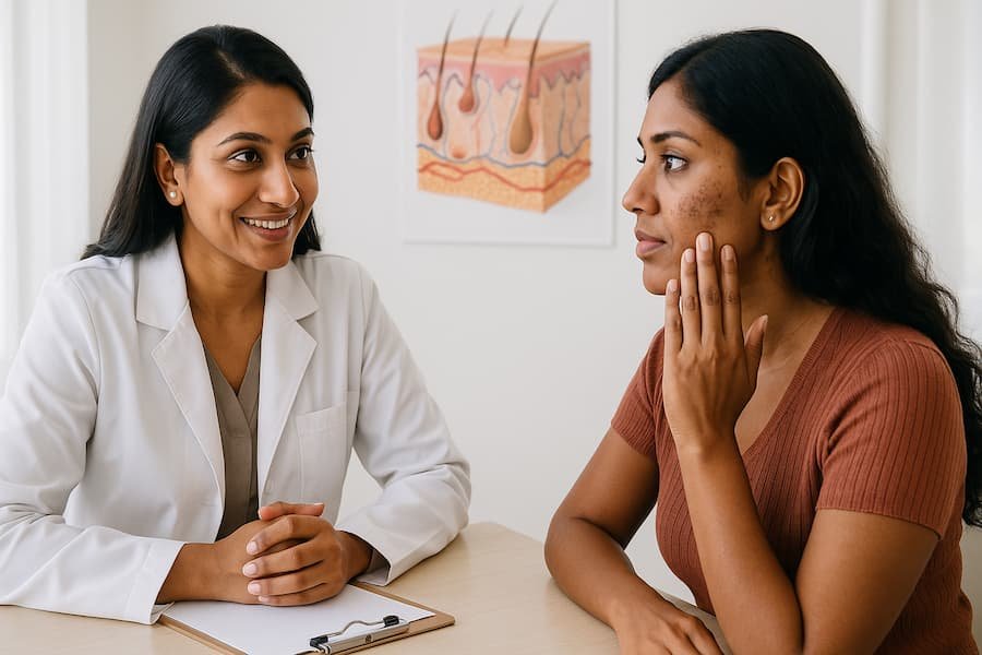 Indian dermatologist advising a patient on the best facial pigmentation cream in a clinic.