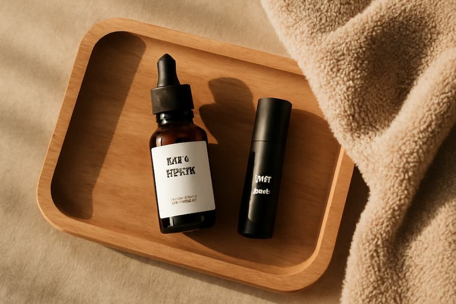 Face serum and SPF lip balm for men on a tray