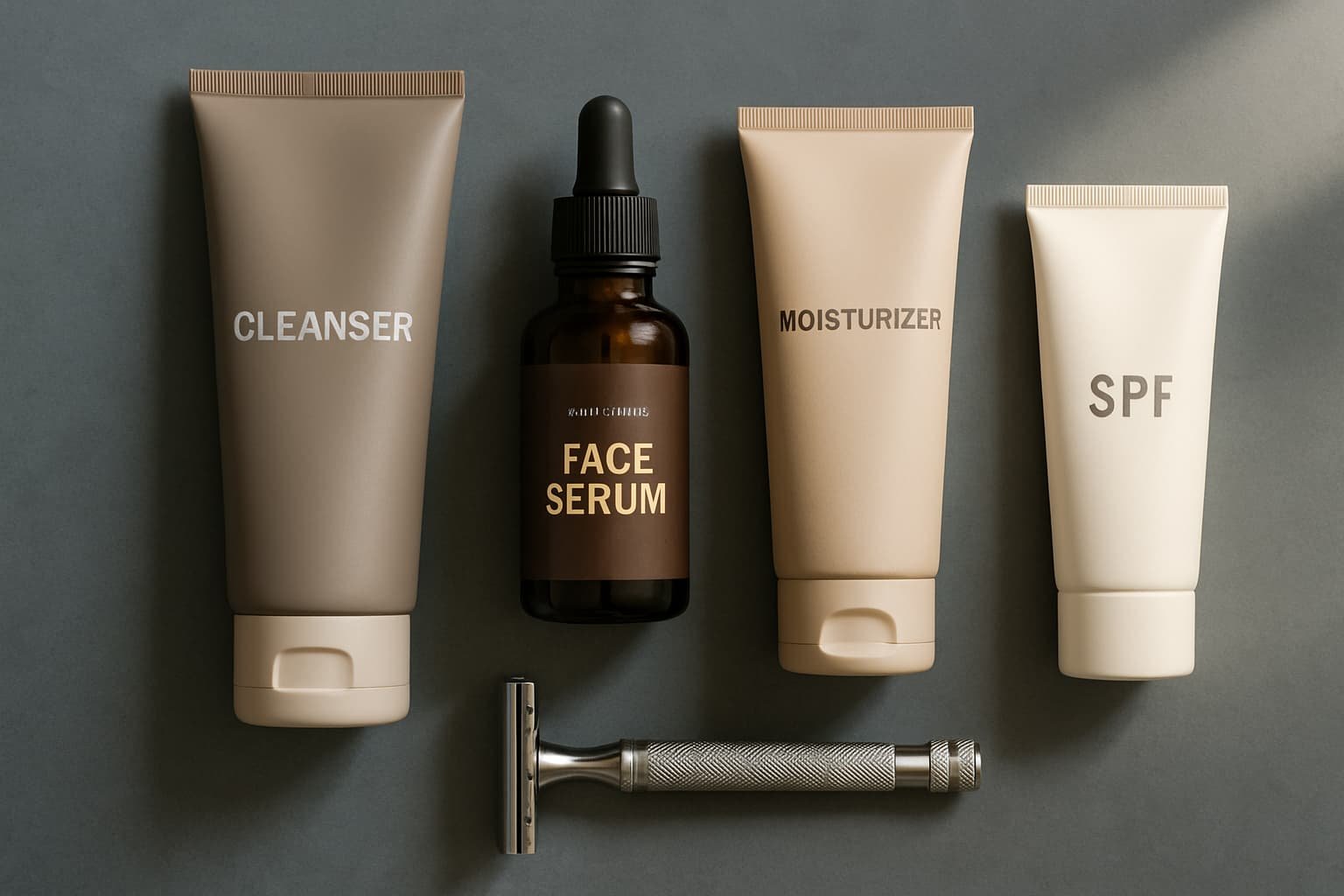 Flat lay of men’s skincare routine with face serum for men