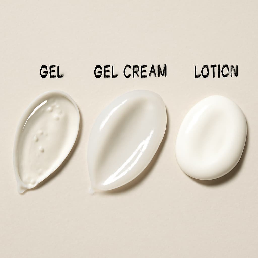 Macro swatches comparing gel, gel‑cream, and lotion textures