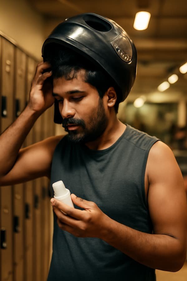 Man carrying travel-size dandruff shampoo after helmet wear
