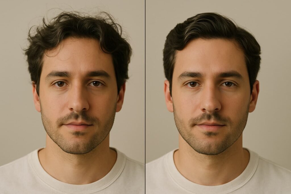 Before and after using hair cream for men—frizz to smooth natural waves.