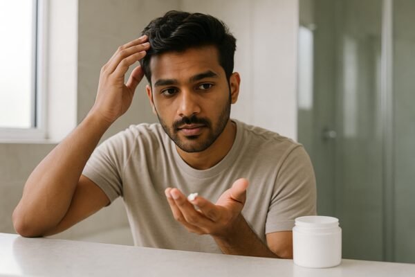 Man applying a small amount of non-greasy hair cream for men in bathroom mirror.