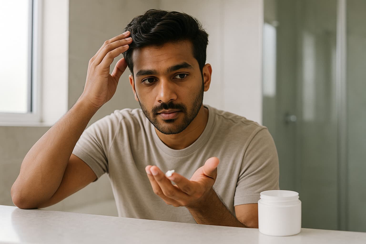 Man applying a small amount of non-greasy hair cream for men in bathroom mirror.