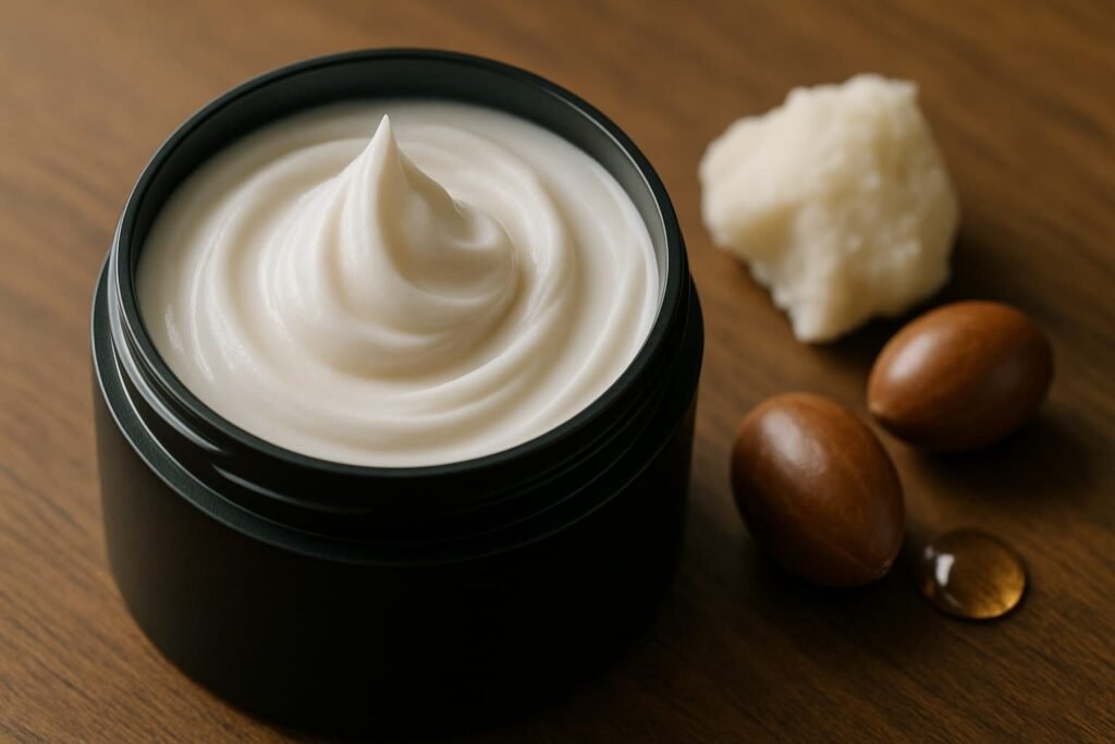 Close-up of hair cream texture with shea butter and argan oil ingredients