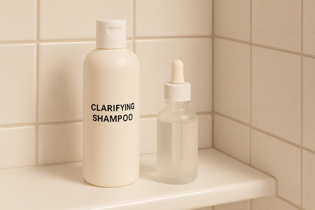 Clarifying shampoo and hair serum on a shower shelf
