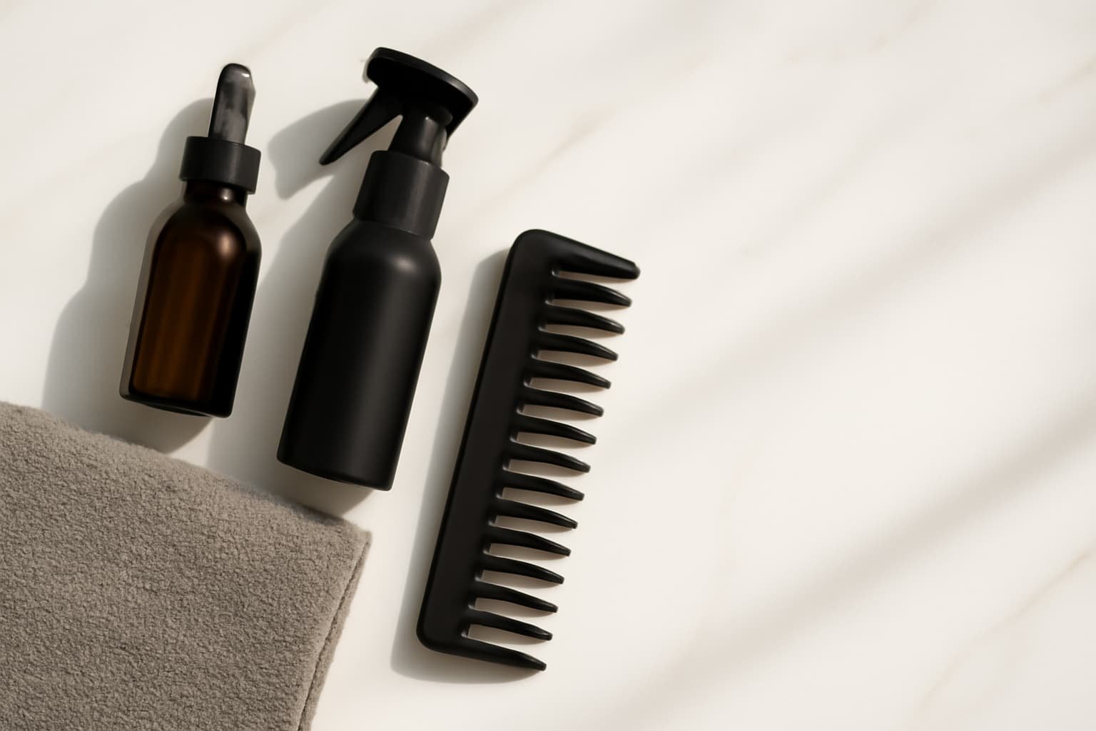 Flat lay of men’s hair serum, heat protectant, comb, and towel on marble