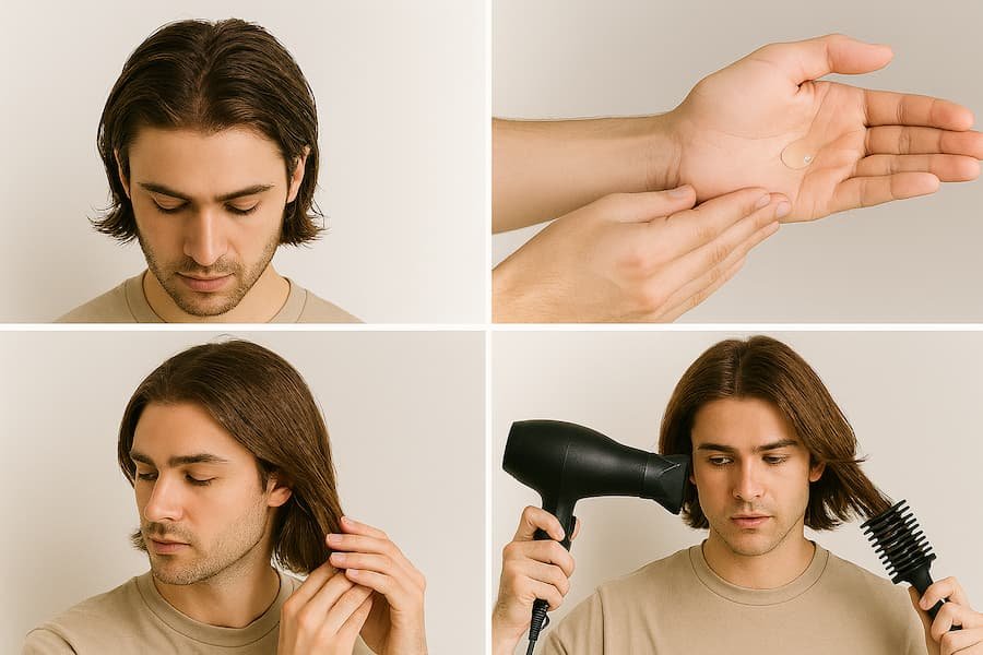 Four steps to apply hair serum: damp hair, dose, apply, style