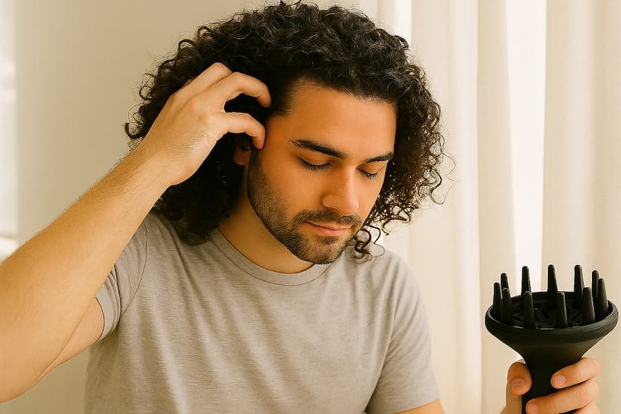 Man with curly hair applying anti‑frizz serum