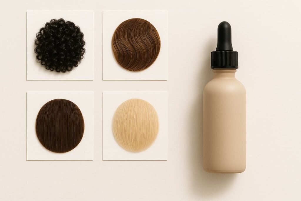 Hair swatches for curly, wavy, straight, and fine hair with serum