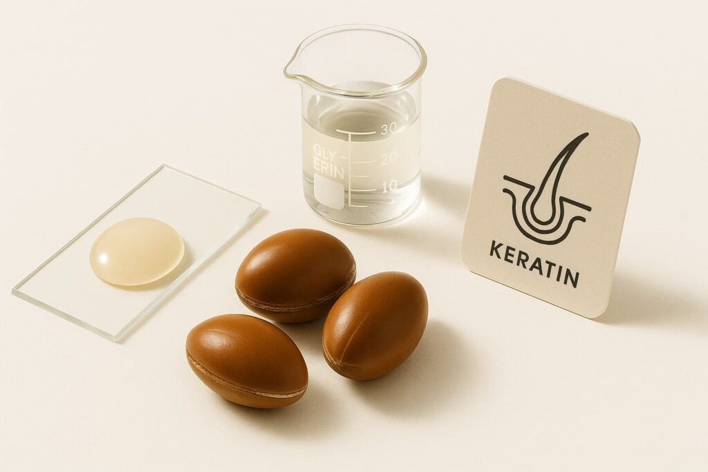 Serum droplet with argan nuts and a small lab beaker