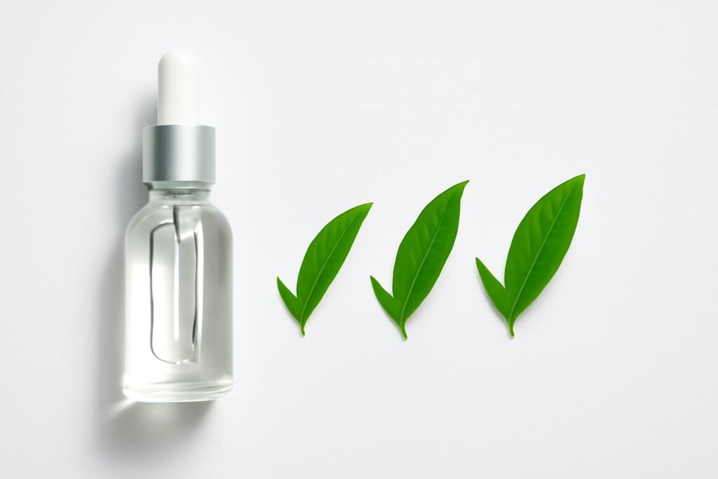 Minimal serum bottle with green checkmark leaves