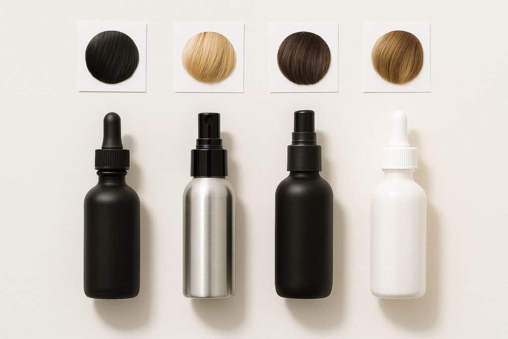 Four bottle types representing styling, heat, volumizing, and scalp serums