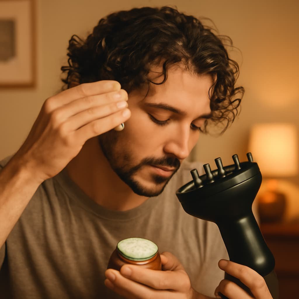 Man defining curls with a small amount of soft hair wax for men