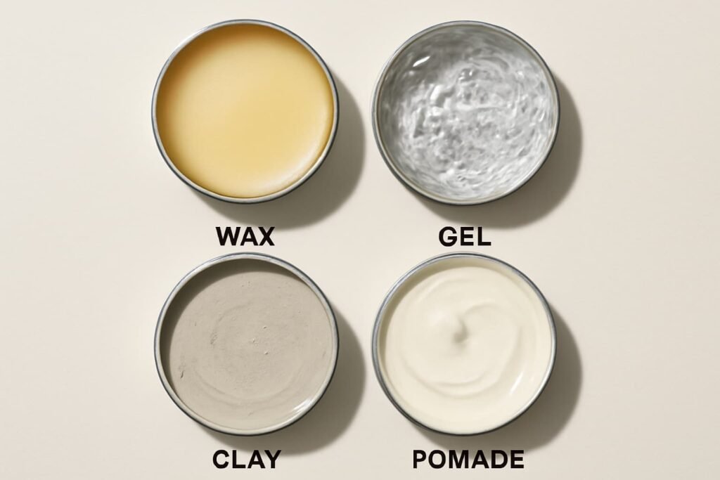 Top-down view of hair wax, gel, clay, and pomade textures
