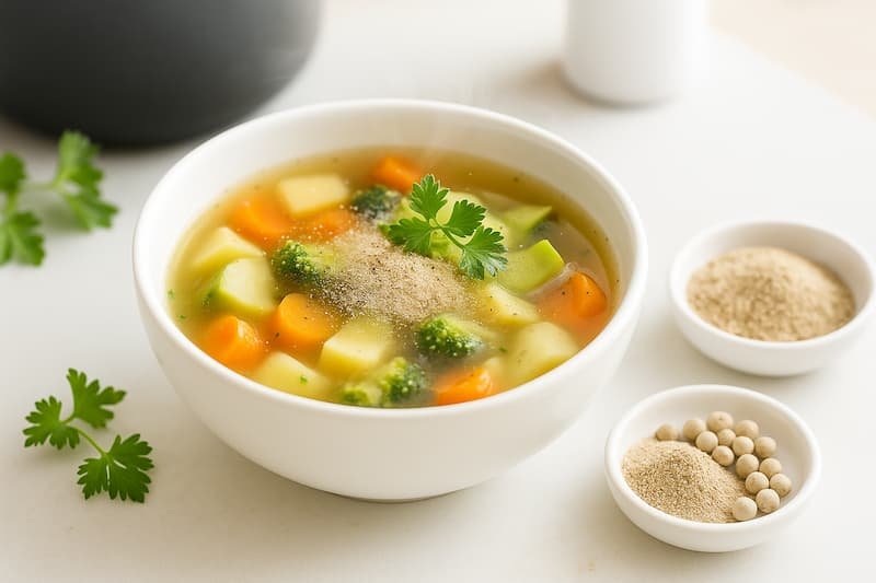 Healthy vegetable soup sprinkled with white pepper powder, with a side dish of pepper powder and peppercorns in natural daylight