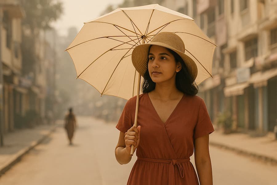 Indian street scene with sun and heat; woman using umbrella to prevent hyperpigmentation.