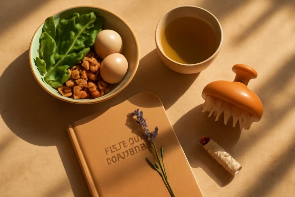 Holistic routine supporting homeopathic hair fall care: nutrition, stress relief, scalp massage
