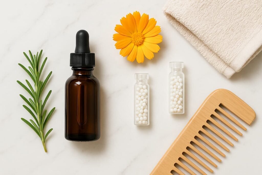 Flat lay of homeopathic medicine for hair loss with natural remedies and comb