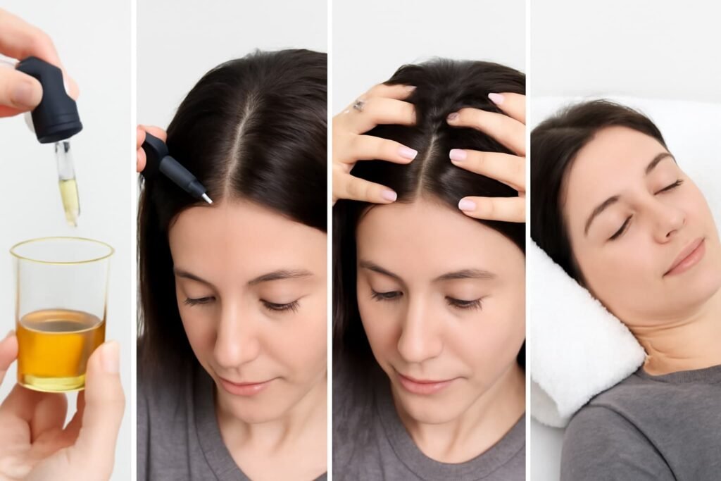 Four panels showing mixing, scalp application, massage, and overnight use