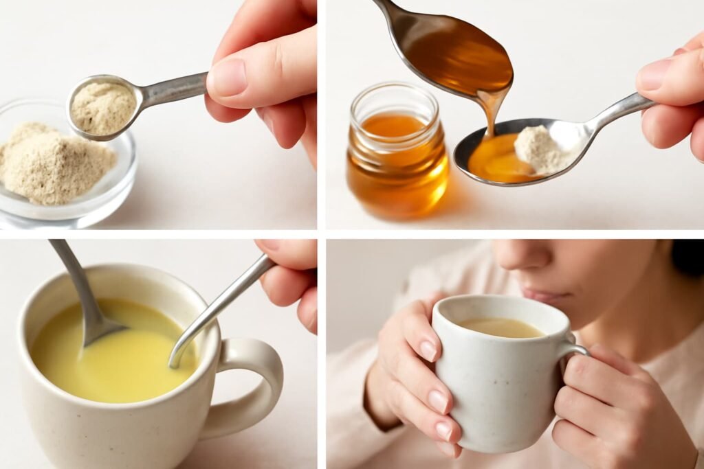Four steps: measure powder, mix with honey/ghee, dilute, sip