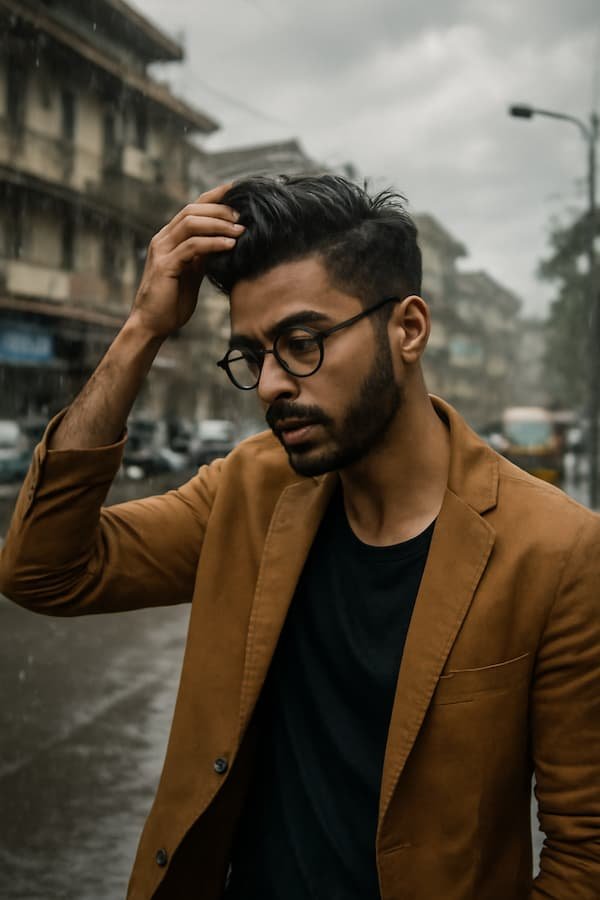 Man styling a quiff in humid Mumbai weather using hair wax for men