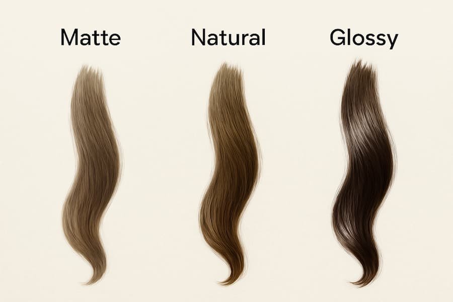 Matte, natural, glossy hair finish examples