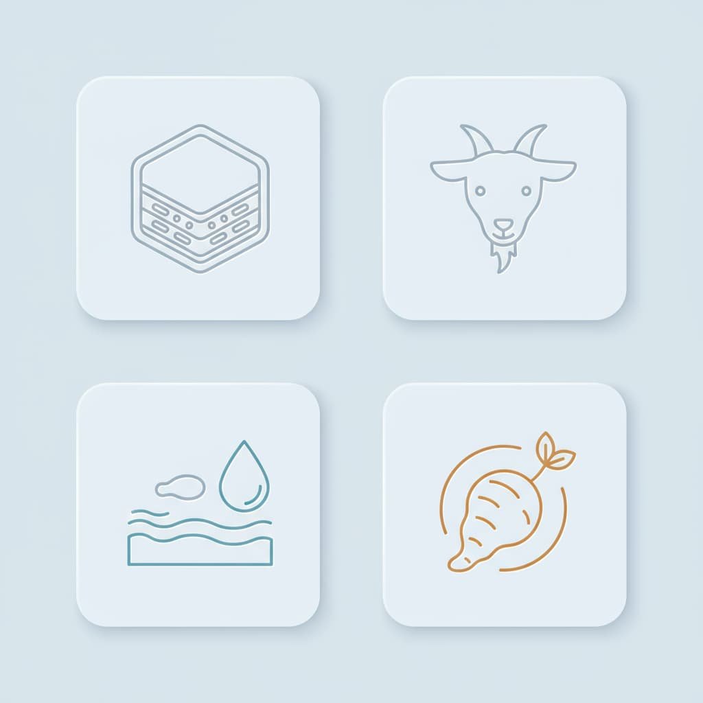 Ceramide, hyaluronic acid, goat milk, turmeric icons