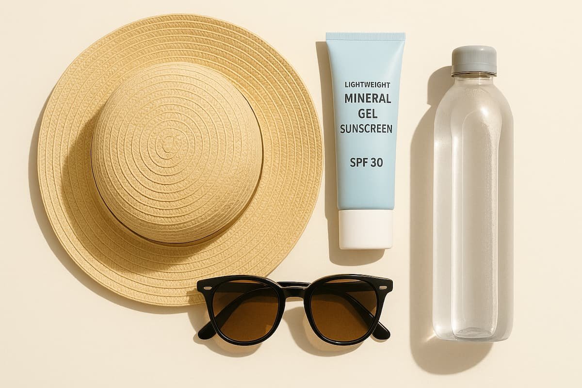 Sun hat, sunglasses, and mineral gel sunscreen for daily protection