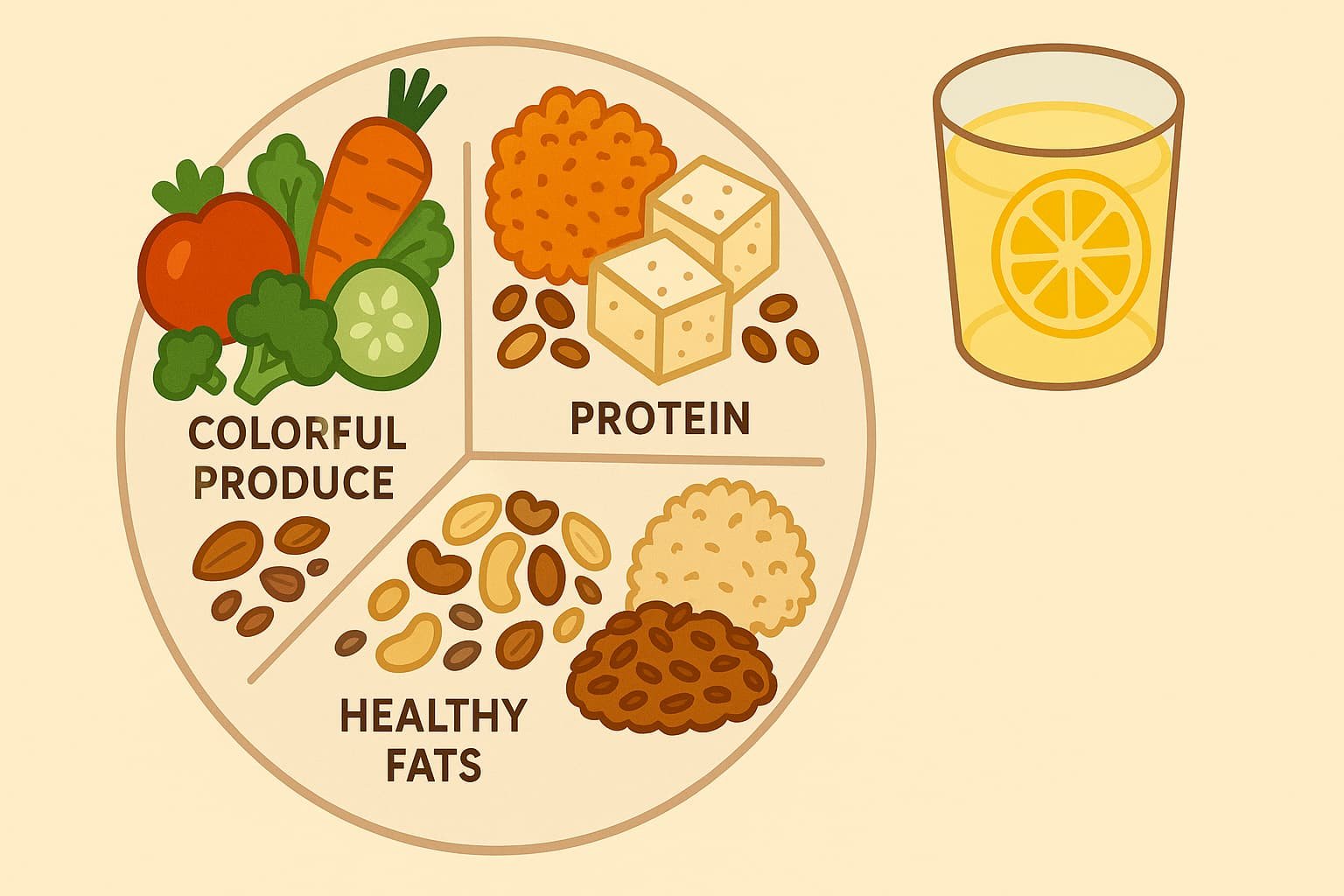 Illustrated Indian glow plate with produce, protein, healthy fats, and smart carbs