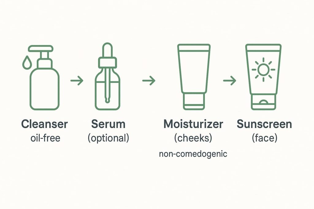 Diagram showing moisturizer then sunscreen layering order