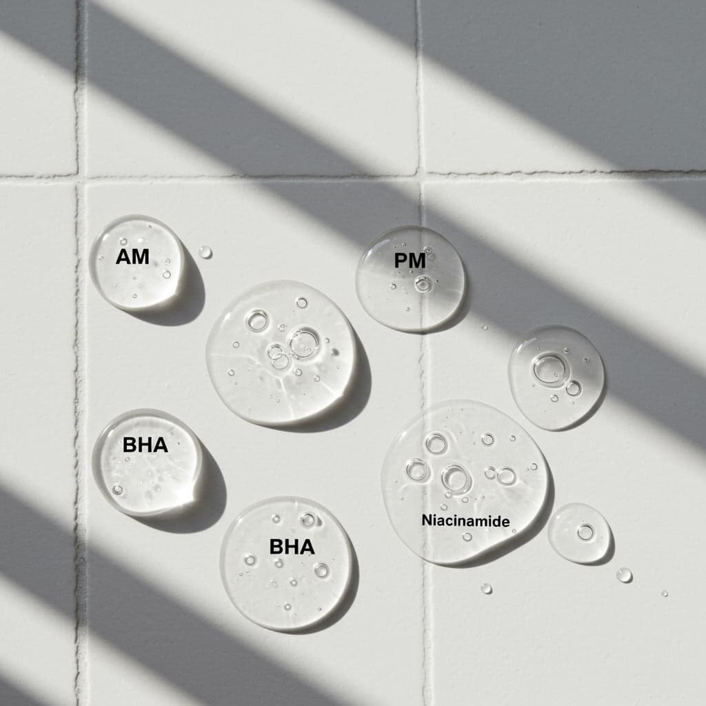 Gel-based serum textures labeled for oily skin routines.