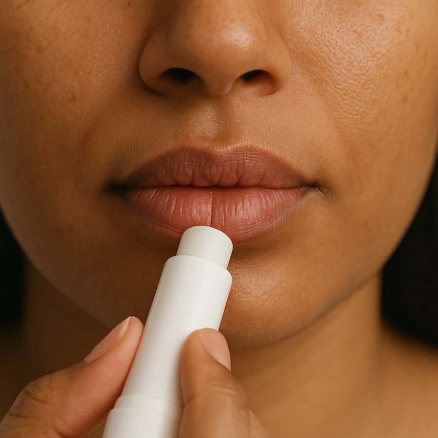 Close-up lips with plain balm, illustrating dermatologist‑recommended lip pigmentation care.