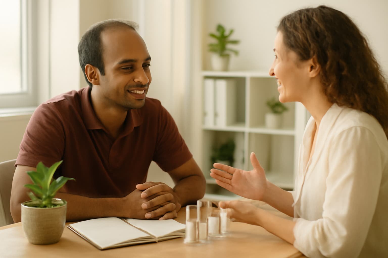 Man discussing homeopathic medicine for hair loss with practitioner