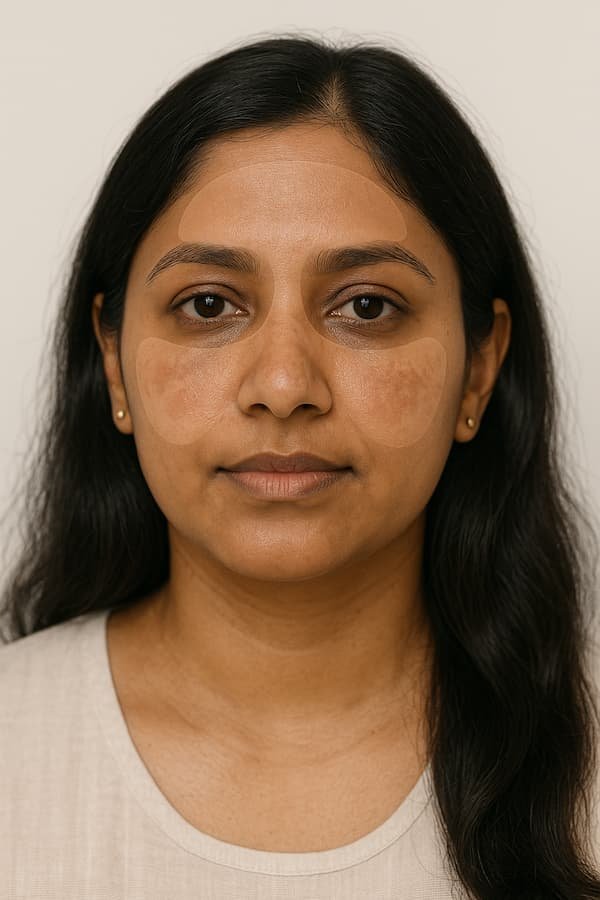 Illustration of melasma distribution on cheeks and forehead of an Indian woman.