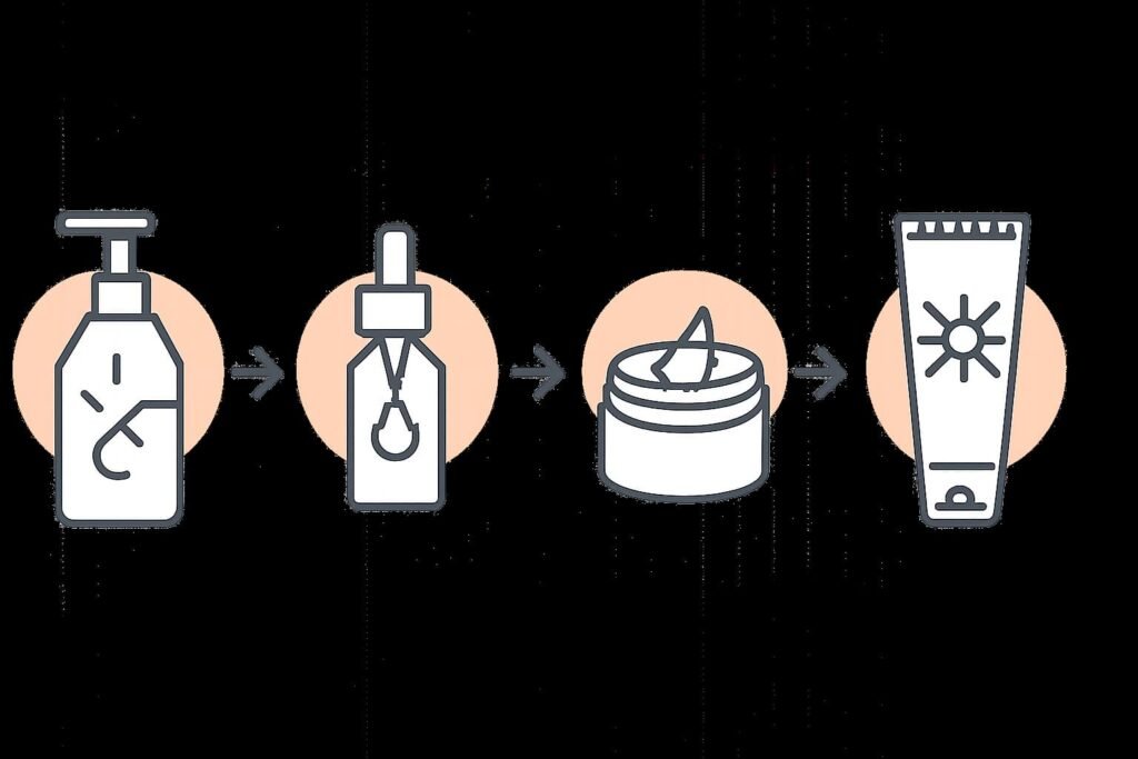 Infographic showing cleanser, serum, moisturizer, SPF order
