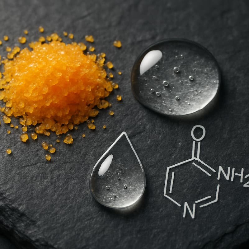 Macro of vitamin C crystals, HA water droplet, and niacinamide molecule