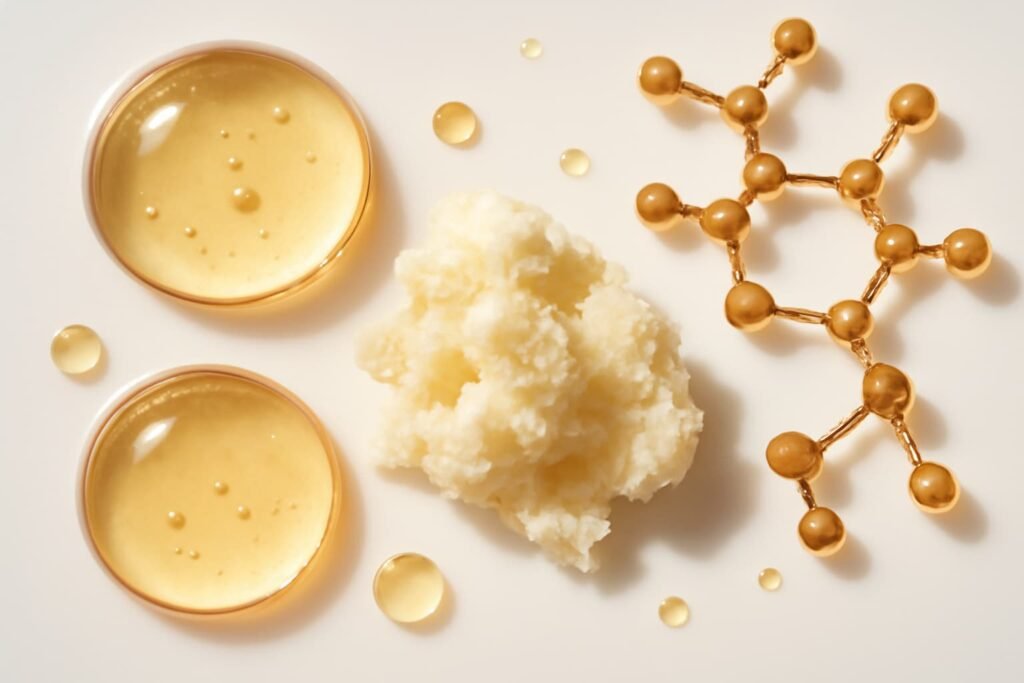 Macro shot of glycerin droplets with shea butter and ceramide visuals.