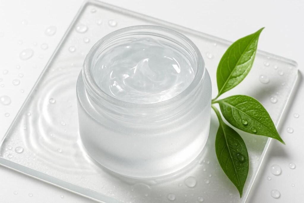 Oil-free gel night cream for oily skin on glass with water ripples