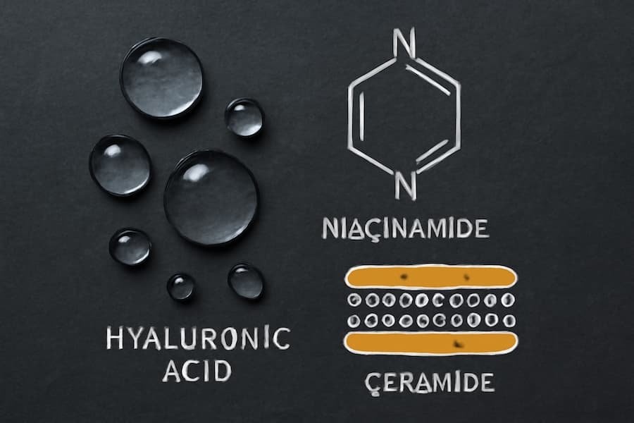 Visual of hyaluronic acid, niacinamide, and ceramide concepts