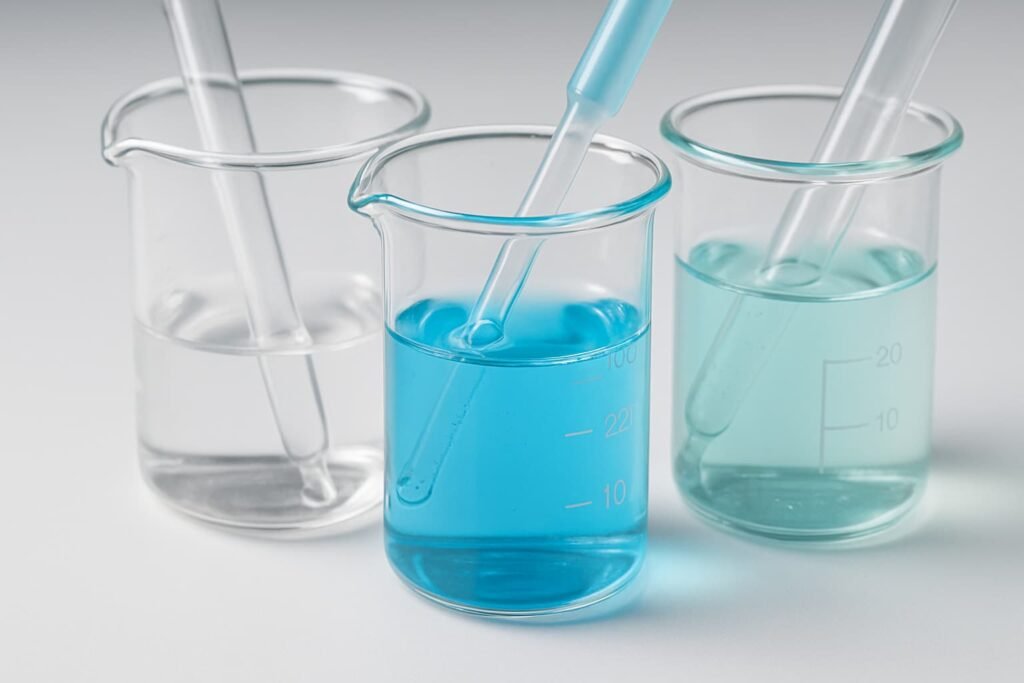 Key ingredients for night cream for oily skin: niacinamide, hyaluronic acid, and salicylic acid in lab beakers.