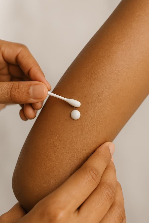 Patch testing a new pigmentation cream on an Indian arm with a cotton swab.