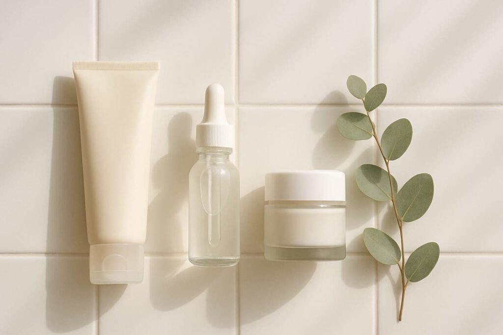 Night routine flat lay with cleanser, serum, and oil-free night cream for oily skin