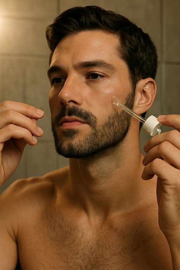 Man applying calming face serum after shaving