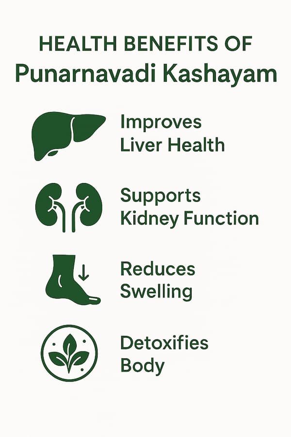 Infographic showing health benefits of Punarnavadi Kashayam for liver and kidney