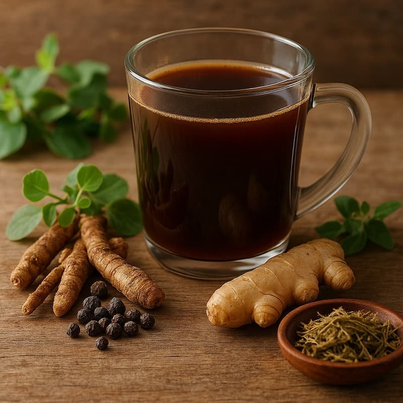 Punarnavadi Kashayam with raw herbal ingredients like Punarnava root and ginger