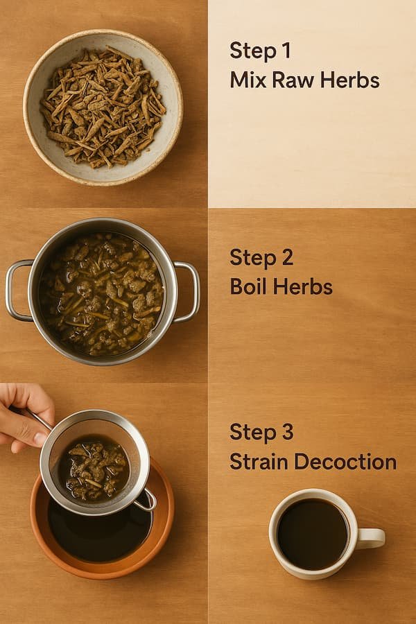 Step-by-step preparation of Punarnavadi Kashayam using Ayurvedic herbs