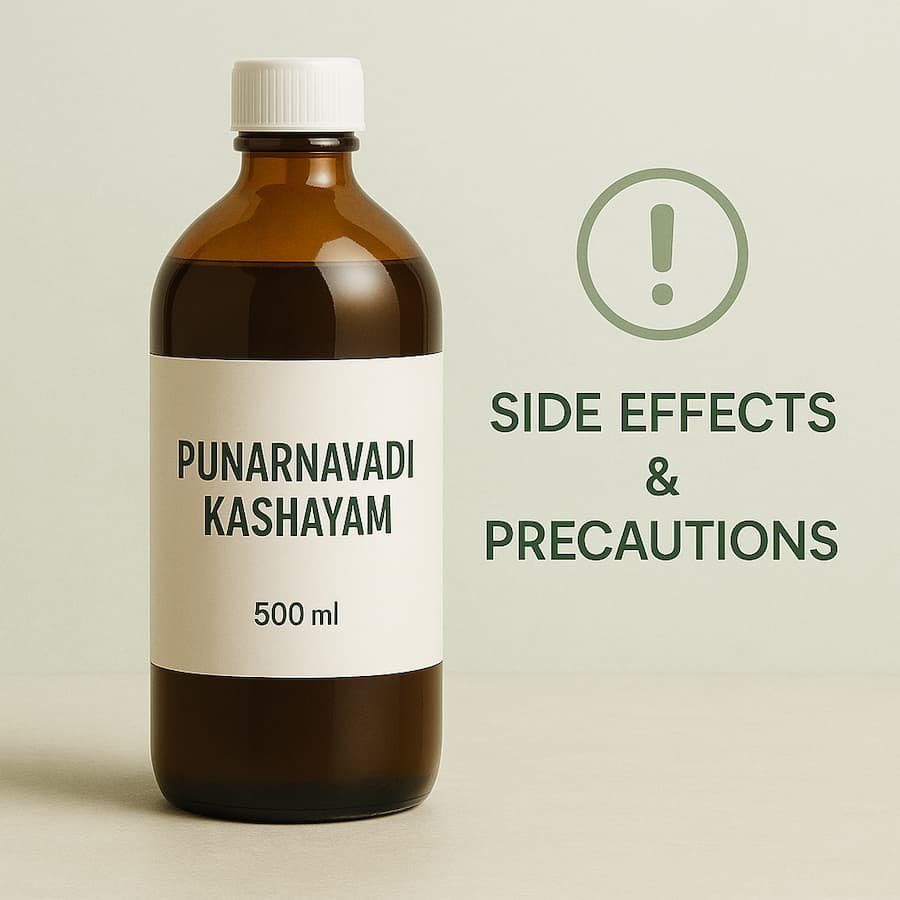 Punarnavadi Kashayam with a caution sign for possible side effects