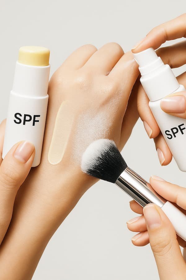 Sunscreen stick, powder, and mist used for reapplication